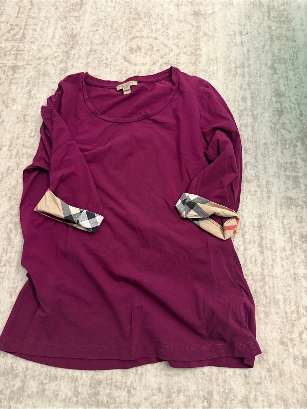 Burberry Magenta Long-Sleeve Cotton Top with Check Cuffs